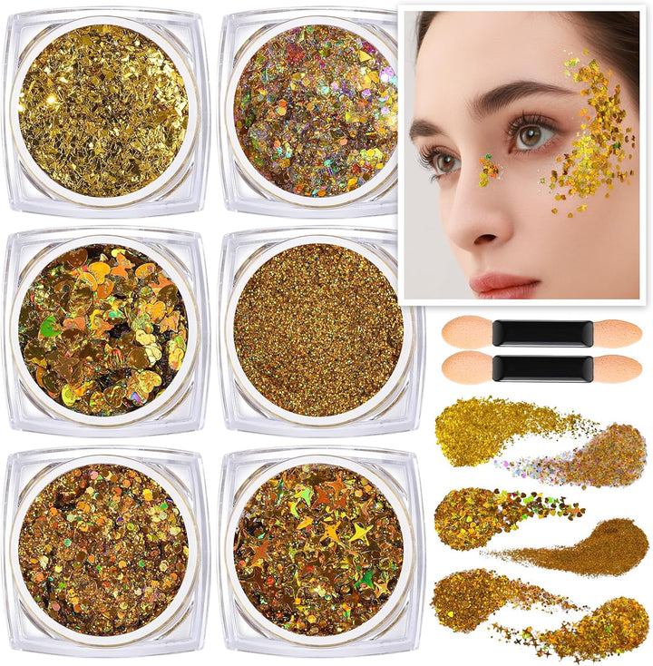 Face Glitter Body Glitter, Clear White Body Glitter Gel, Hair Glitter Gel, 6 Shapes Rave Glitter, Mermaid Sequins Makeup Glitters Face Paint, Chunky Sparkling Glitter Gel for Women