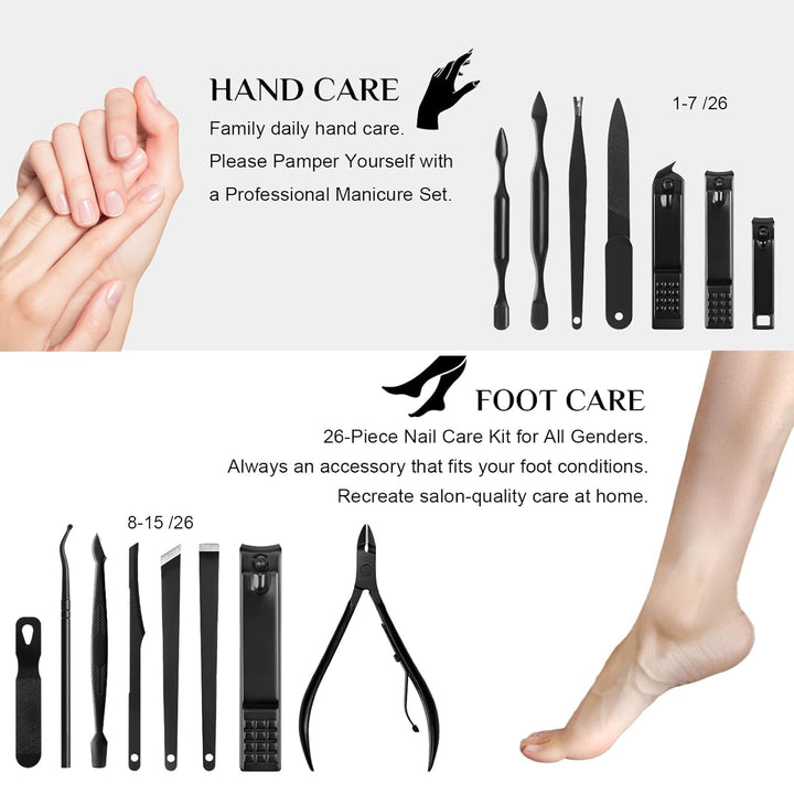Nail Clippers Set, 26 Piece Manicure Set & Pedicure Kit, Stainless Steel Fingernail & Toenail Clipper Cutters, Professional Nail Care Tools with Luxurious Travel Case for Men and Women, Black
