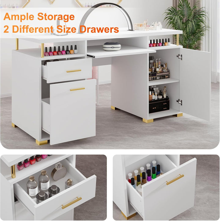 White and Gold Nail Desk for Nail Tech, Manicure Table with 2 Drawers and Cabinet, 55 Inch Nail Table with Movable Shelf, Manicure Table Nail Station