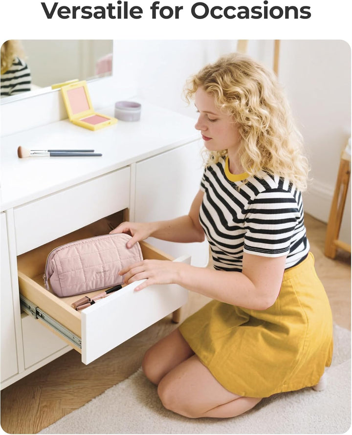 Makeup Bag Travel Toiletry Bag, Puffy Padded Make up Bags for Women Makeup Organizer Case, Wide-Open Pouch Purse Travel Essentials Toiletries Accessories Brushes, Pink