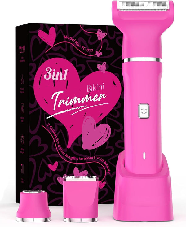 Electric Razors for Women - IPX7 Waterproof Pubic Hair Remover for Shower & Travel, 3-In-1 Bikini Trimmer with Body/Round/Curved Heads, Hypoallergenic Foil & Ceramic Blades, Self-Care Gifts for Her