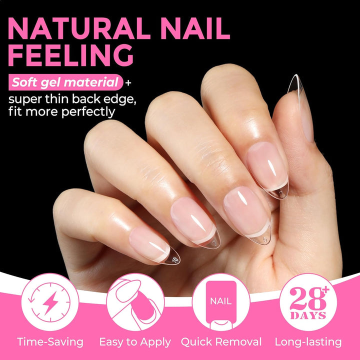 Short Almond Fake Nails 216Pcs Pre-Shape Gel Acrylic Nail Tips for Full Cover Nail Extension Home DIY Nail Salon 12 Sizes Gelly Tips