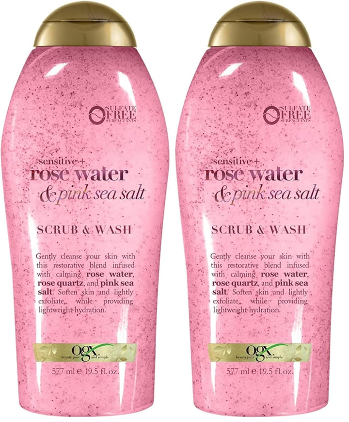 Sensitive + Rose Water & Pink Sea Salt Exfoliating Body Scrub + Rose Quartz, Gentle Exfoliating Daily Body Wash Softens Skin, Body Scrub for Women, Sulfate-Free Surfactants, 19.5 Fl Oz