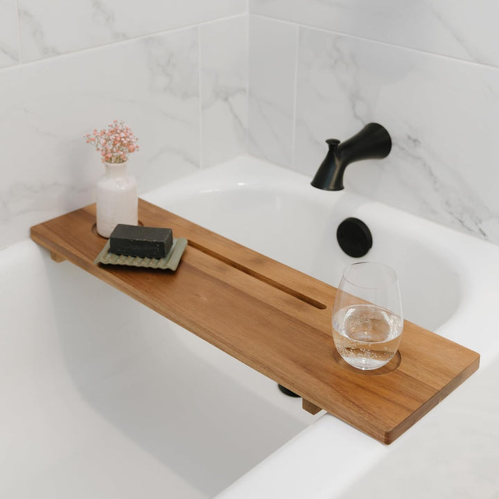 Premium  Bathtub Tray for Freestanding Bath | Large & Thick 35” Acacia Wood Luxury Bath Tray for Tub | Anti-Tip, Non-Toxic, Adjustable Bathtub Trays for Tub with Bathroom Accessories Holder