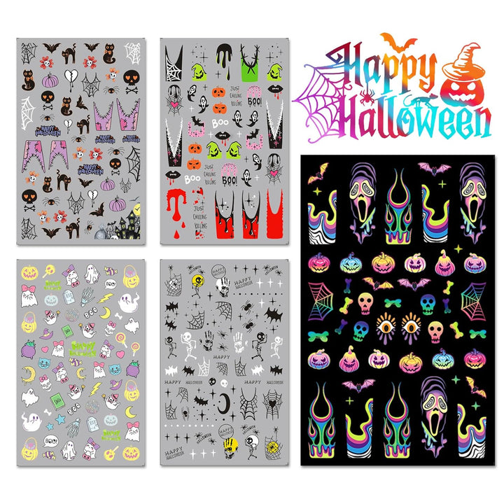 Halloween Nail Art Stickers, Gradient Pumpkin, Horror Mask Nail Decals, 3D Self-Adhesive Spider-Web Bat Design for DIY Nail Supplies Decoration (5 Sheets)