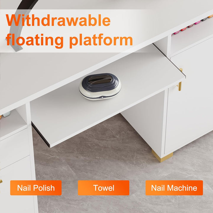 White and Gold Nail Desk for Nail Tech, Manicure Table with 2 Drawers and Cabinet, 55 Inch Nail Table with Movable Shelf, Manicure Table Nail Station