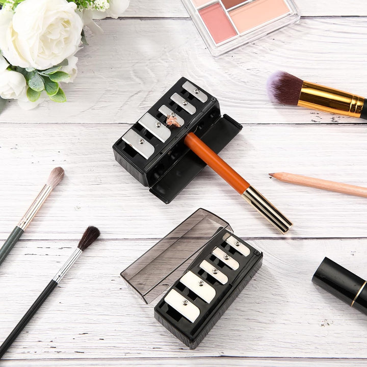 2 Pcs 5 Hole Cosmetic Long Point Manual Pencil Sharpener with Plastic Lid Makeup Eyeliner Pencil Sharpener(Black)