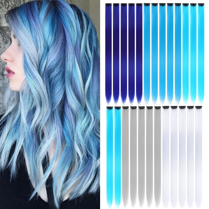 12PCS Colored Purple Hair Extensions Clip in Colorful Hair Extensions 22 Inch Rainbow Hair Extensions for Kids Women'S Gifts Blue Hair Extensions (22Inch,Purple)