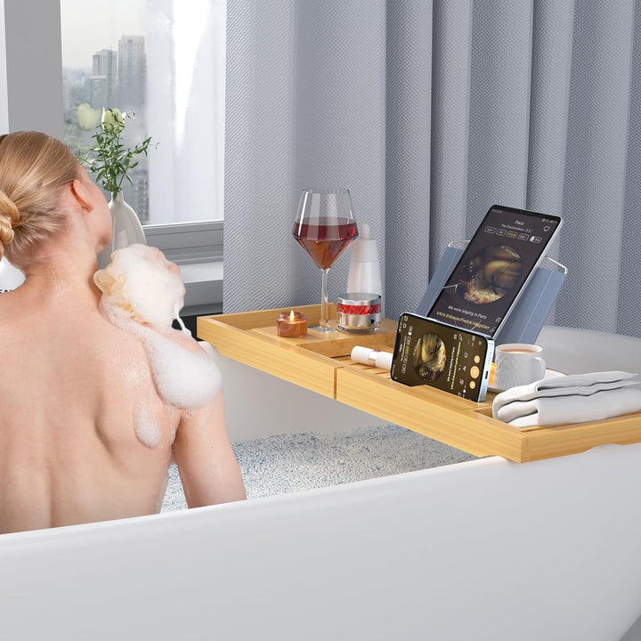 Luxury Bamboo Bathtub Tray - Wooden Expandable Caddy with Book, Tablet, Wine Holder - Gift Idea