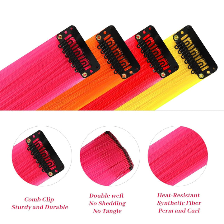 12 Pcs Clip in Hair Extensions, 22 Inch Colored Hair Extensions Party Highlights Long Straight Synthetic Hairpieces for Women Kids Girls (Hot Pink)