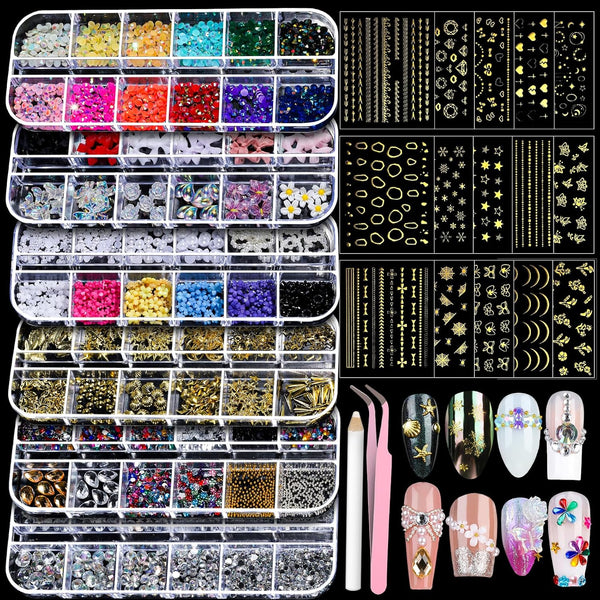 Nail Charms Nail Gems with 15 Sheets Gold Nail Stickers, 6 Boxes of Rhinestones for Nails Art Tools, 3D Nail Decals Pearls for Nails