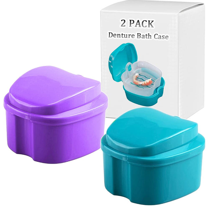 Denture Bath Box Cup, Complete Clean Care for Dentures, Clear Braces, Mouth Guard, Night Guard & Retainers, Traveling (Navy Blue & Blue)