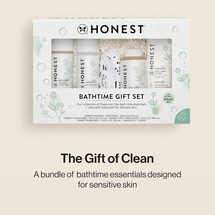Fragrance Free Bathtime Gift Set | Hypoallergenic Bath Essentials for Sensitive Skin | Shampoo + Body Wash, Face + Body Lotion, Bubble Bath, Conditioner, Wash Cloth