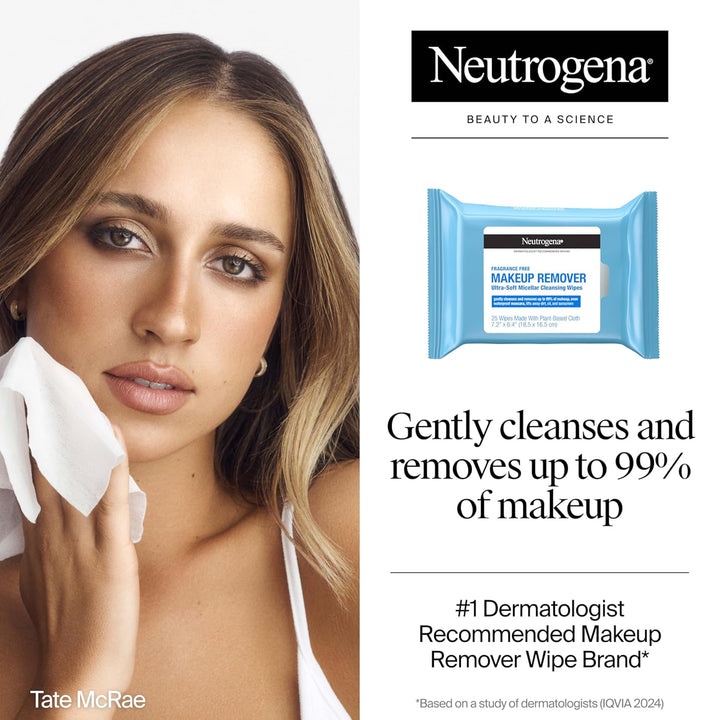 Fragrance-Free Makeup Remover Wipes, Daily Ultra-Soft Micellar Cleansing Wipes Gently Remove Oil & Waterproof Makeup, Hypoallergenic, Made with Plant-Based Cloth, 25 Ct