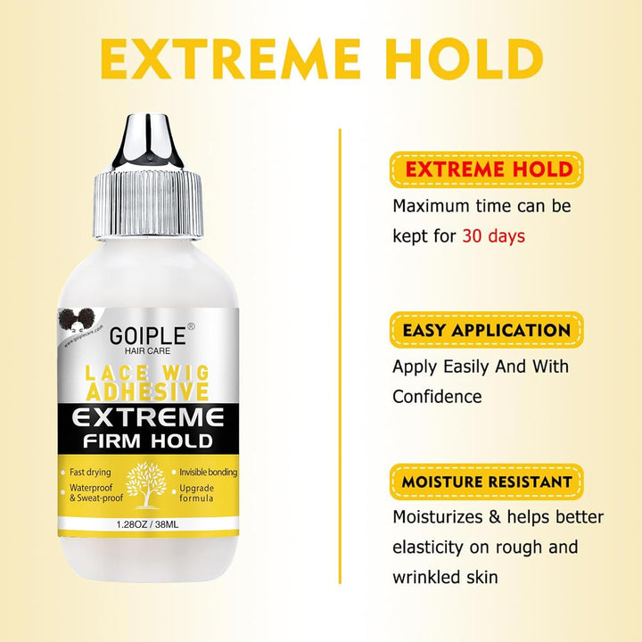 Wig Glue 1.28OZ, Waterproof Lace Front Adhsive for Wigs with Tools and Hair Wax Stick (Lace Adhesive/Wig Glue Remover/Wax Stick/Edge Control Wax/Elastic Band/Hair Dual Drush/Wigs Caps)