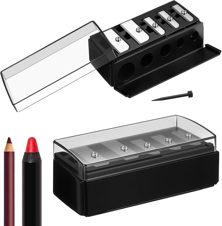2 Pcs 5 Hole Cosmetic Long Point Manual Pencil Sharpener with Plastic Lid Makeup Eyeliner Pencil Sharpener(Black)