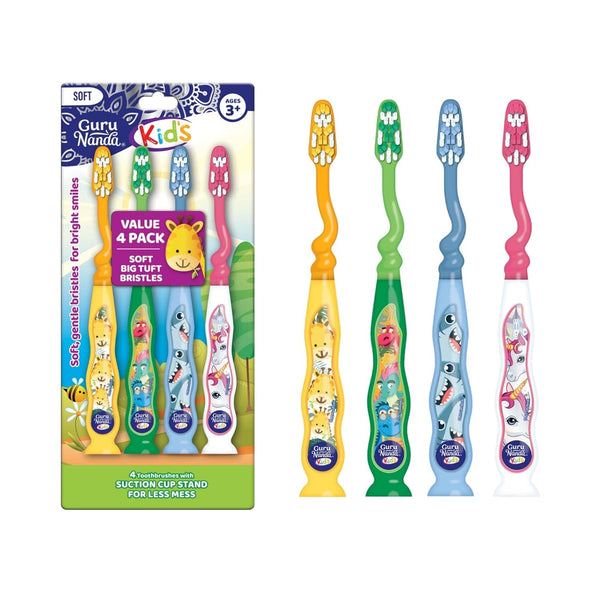 Kids Toothbrush with Suction Cup & Fun Animal Designs - Soft Bristles for Healthy Gums- Non-Slippery & Mess-Free Toothbrush, 3+ Age- 4 Count