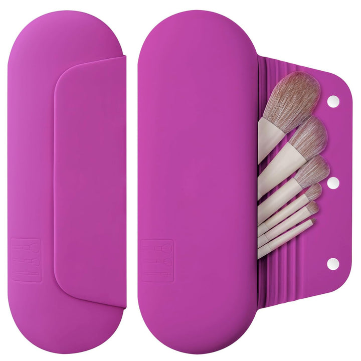 Silicone Makeup Brush Holder Travel Cosmetic Bag：Soft Portable Cosmetic Face Brushes Holder with Upgrade Anti-Fall Out Magnetic Closure, Large Travel Makeup Brush Case - Walnut