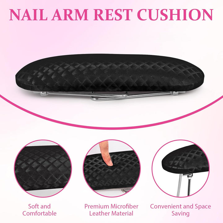 Nail Arm Rest, Foldable Leather Nail Arm Rest with Non-Slip Sleeve, Internal Sponge Filled Arm Rest Pillow with Metal Bracket, Nail Hand Rest for Home Use and Nail Salon Use (Black)