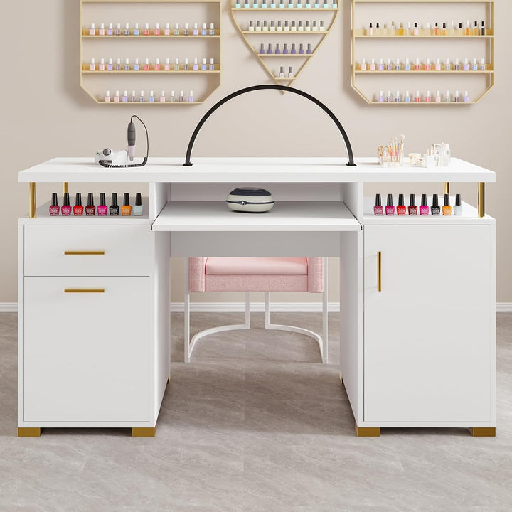 White and Gold Nail Desk for Nail Tech, Manicure Table with 2 Drawers and Cabinet, 55 Inch Nail Table with Movable Shelf, Manicure Table Nail Station