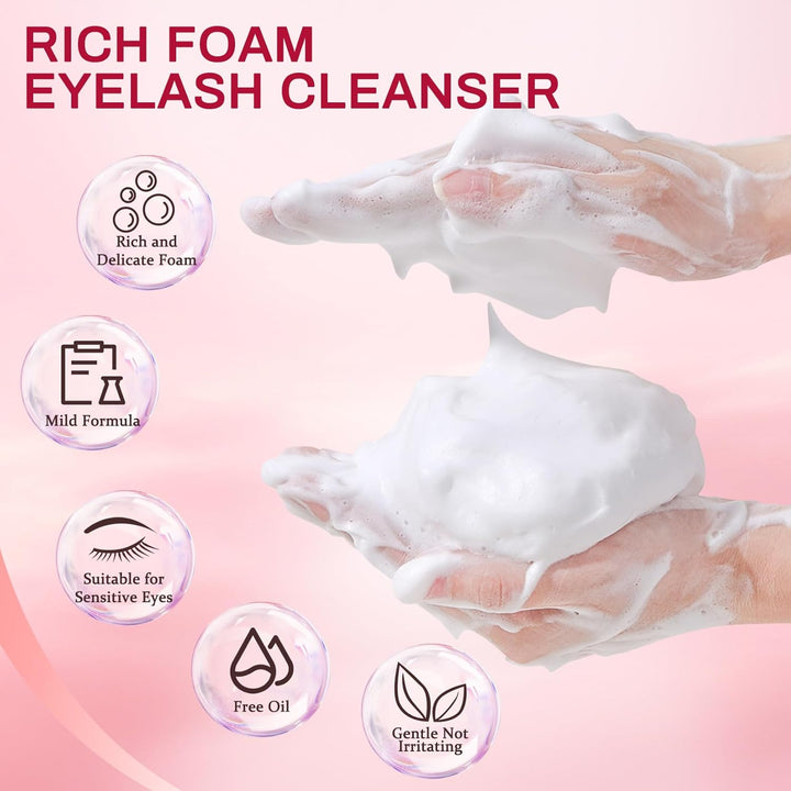 Lash Cleaning Kit - Lash Shampoo Kit Eyelash Extension Cleanser for Extensions 60ML with Rechargeable Handheld Lash Fan Dryer Mascara Brush Rinse Bottle Makeup Cleansing Foam for Lash Care