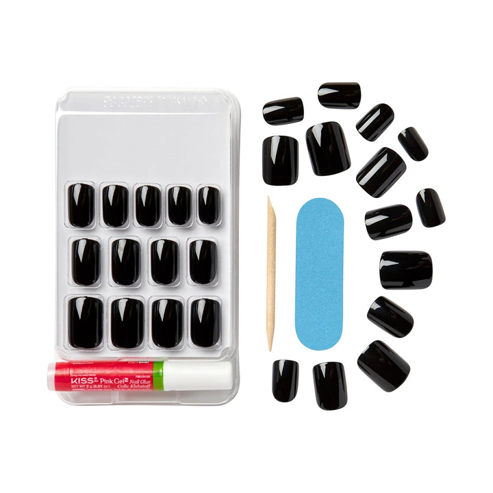 Gel Fantasy Press on Nails, Nail Glue Included, 'Aim High', Black, Short Size, Squoval Shape, Includes 28 Nails, 2G Glue, 1 Manicure Stick, 1 Mini File, 1 Adhesive Tab