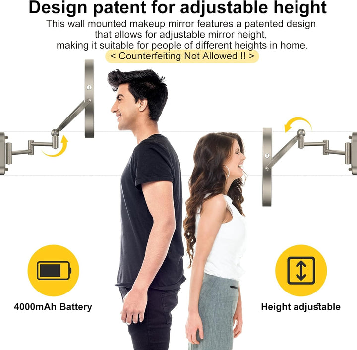 9" Wall Mounted Lighted Makeup Mirror,4000Mah Rechargeable Double Sided 1X/10X Magnifying Mirror with Light,3 Color Lights,Touch Dimmable,Extended Arm 360 Rotation Wall Mounted Makeup Mirror