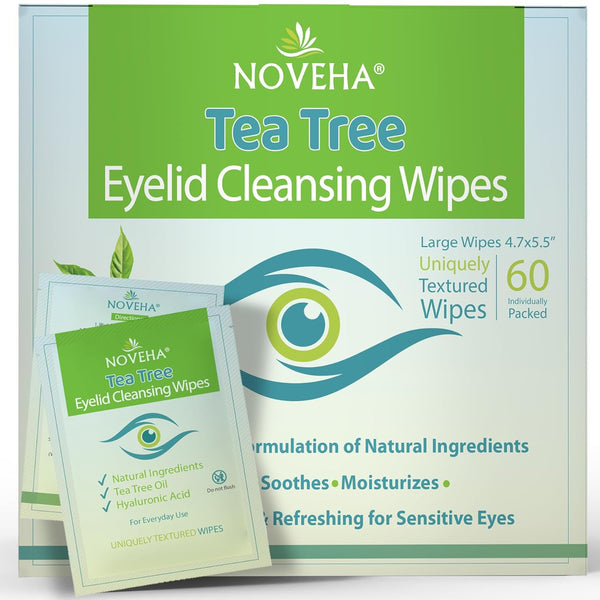 60Pcs Tea Tree Oil Eyelid & Lash Wipes | with Hyaluronic Acid, Green Tea & Chamomile for Blepharitis, Itchy & Stye Eyes, Individually Wrapped, Natural Eyelash Makeup Remover & Daily Cleanser