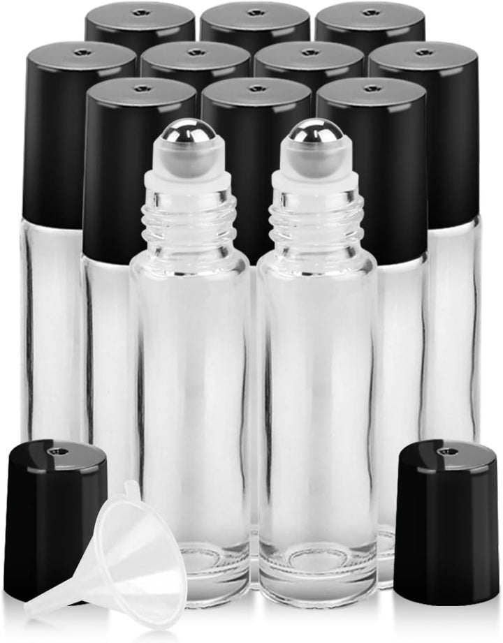4 Pack Essential Oil Roller Bottles, 10Ml Refillable Amber Glass Roller Bottles with Stainless Steel Roller Balls and Caps for Travel, Perfume and Lip Gloss