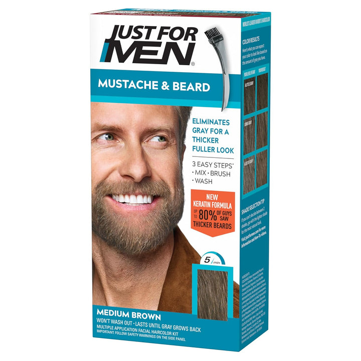 Mustache & Beard, Beard Coloring for Gray Hair with Brush, with Keratin Biotin Aloe and Coconut Oil for Healthy Facial Hair - Medium Brown, M-35, Pack of 1 (Packaging May Vary)