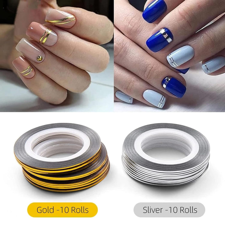 20 Pcs Glitter Gold Silver Nail Art Striping Tape Line Shiny Matte Nail Art Decoration Strips Self Adhesive Decals Strips DIY Nail 3D Tips Manicure Tools Nail Tape Rolls (1Mm)