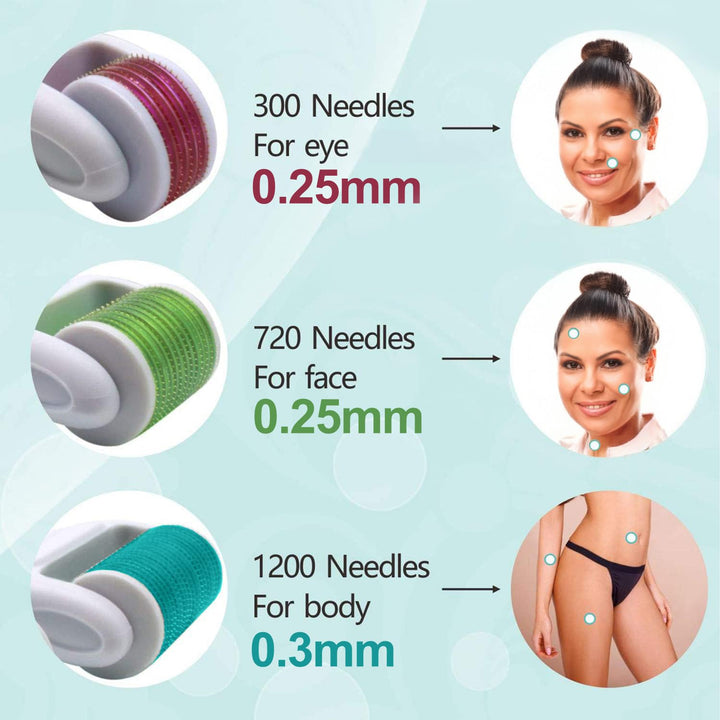 Derma Roller for Face and Body -  4 in 1 Titanium Microneedling Roller Kit Micro Needle Microneedle Roller, 300 and 720 Needles 0.25Mm,1200 Needle 0.3Mm, Microdermabrasion Roller Men Women