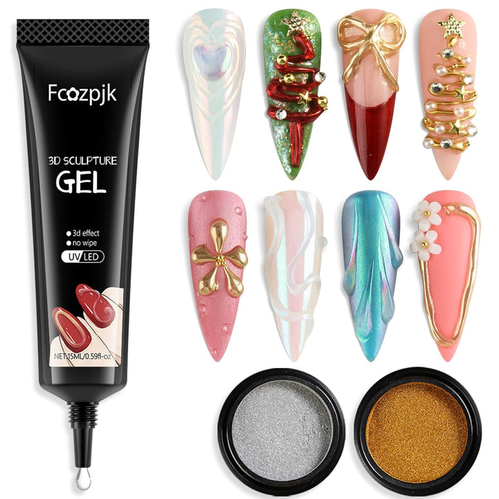 3D Sculpting Gel for Nail Art, 2PCS 10G Clear 3D Gel Liner Polish Carving Modeling Gels for Nail Design, 5D Embossed Candy Gels with Gold Silver Chrome Powder Kit