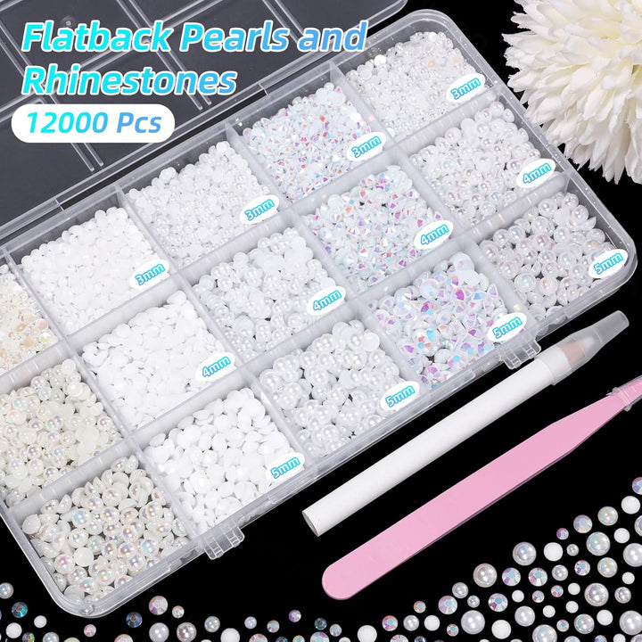 12000 Pcs White Flatback Pearls and Rhinestones for Crafting, 3-5 Mm Jelly Resin Rhinestones, Mixed Size Half Pearl Bedazzling Gems for Nail DIY Crafts Mugs Bottles Tumblers Clothes Makeup