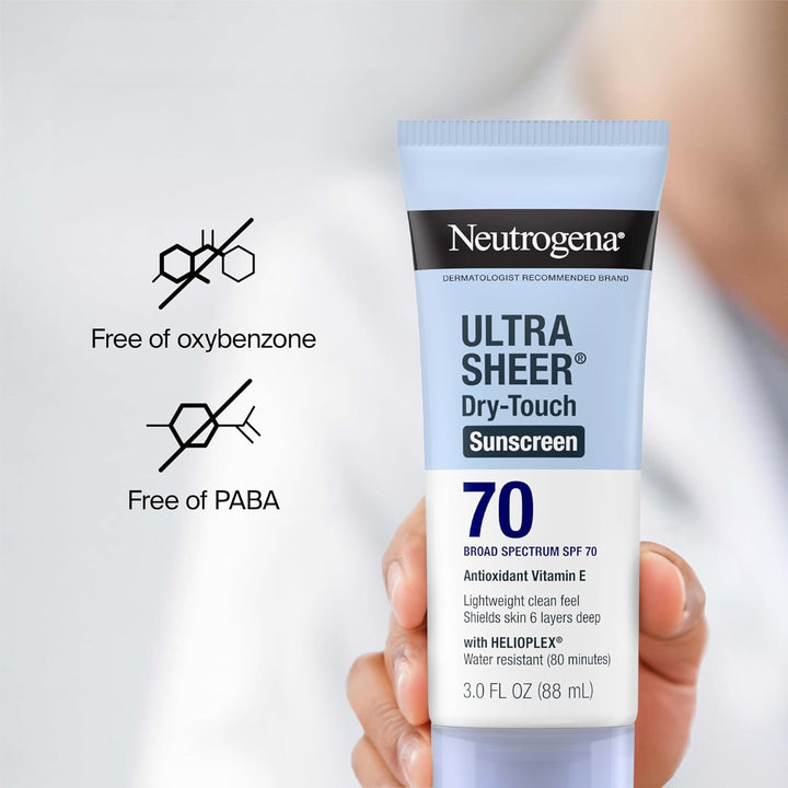 Ultra Sheer Dry-Touch Sunscreen Lotion SPF 70, Broad Spectrum, Water Resistant 80 Min, Oil-Free, Oxybenzone-Free, Non-Comedogenic, Matte Finish, Body Sunscreen, Travel Size 3 Fl Oz