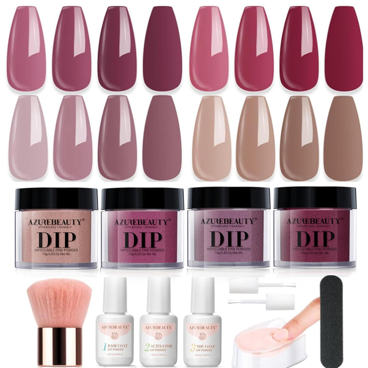 Dip Powder Nail Kit Starter, All Season Nude Skin Glitter 4 Colors Dipping Powder Liquid Set Recycling Tray with Base & Top Coat Activator for French Nail Art Manicure Salon DIY at Home.
