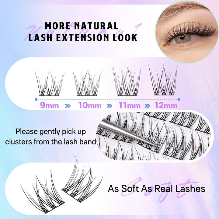 Natural Lash Clusters Kit DIY Lash Extension Kit Wispy Eyelash Extension Kit C-Curly Individual Lashes Kit 9-12MM Short Eyelash Clusters with Lash Remover by
