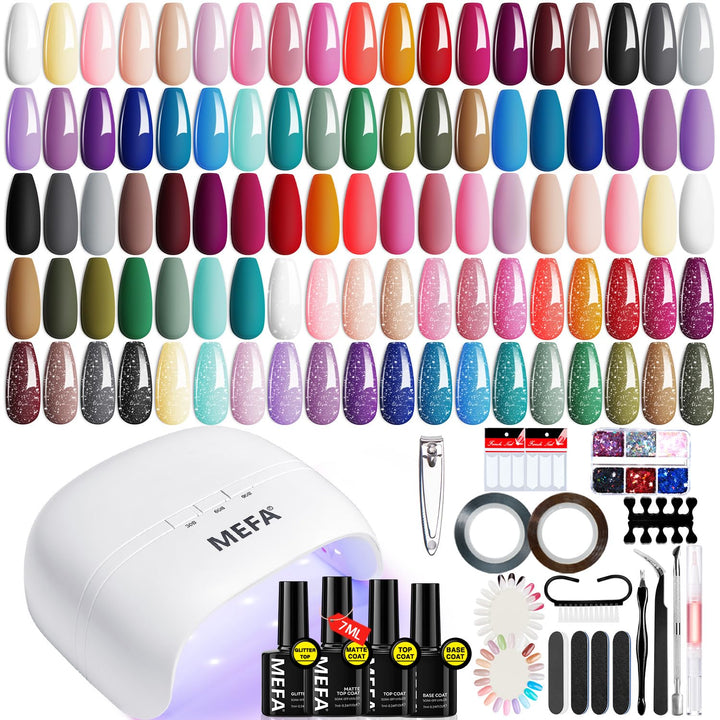 42 Colors Gel Nail Polish Kit with U V Light, 59 Pcs All Seasons Collection Colorful Gel Polish Essential Set with 5 Psc Matte/Glossy Base Top Coat, Salon Gifts for Women