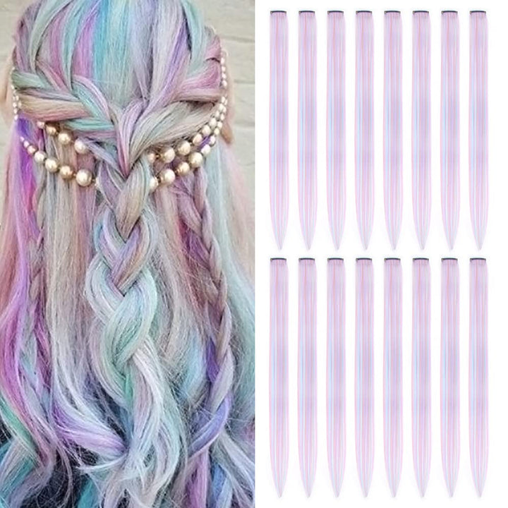 32Packs Colored Hair Extensions 20Inch Straight Color Clip in on Hair Extension Rainbow Party Highlights Synthetic Hairpiece for Girls (16 Colors)