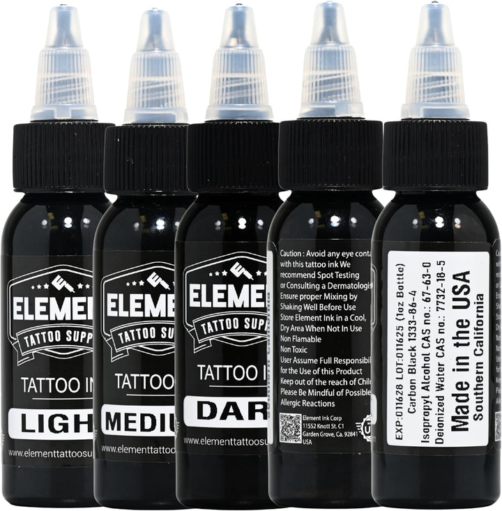 Greywash Tattoo Ink Set - Professional Tattooing, Light, Medium & Dark Shades, Includes Black & White Solid Inks for Outlining, Shading & Blending, 1 Oz Bottle (5 Pack)