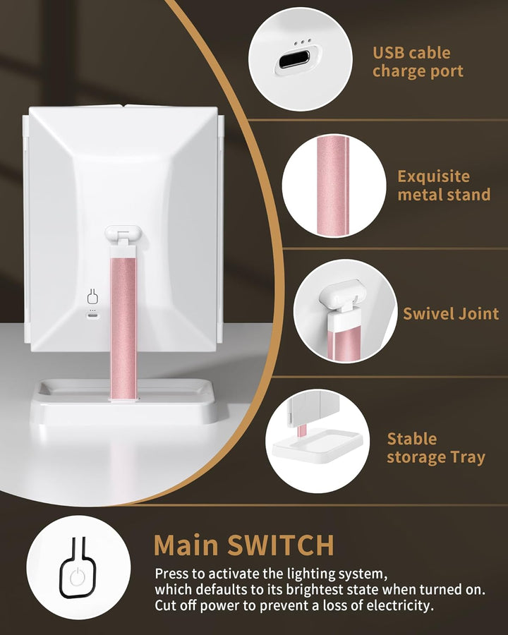 For Mom Makeup Mirror Vanity Mirror with Lights, 14.4" L X 9.1" W Rechargeable Lighted Mirror with 1X 2X, 3X, Magnification, Tap to Glow