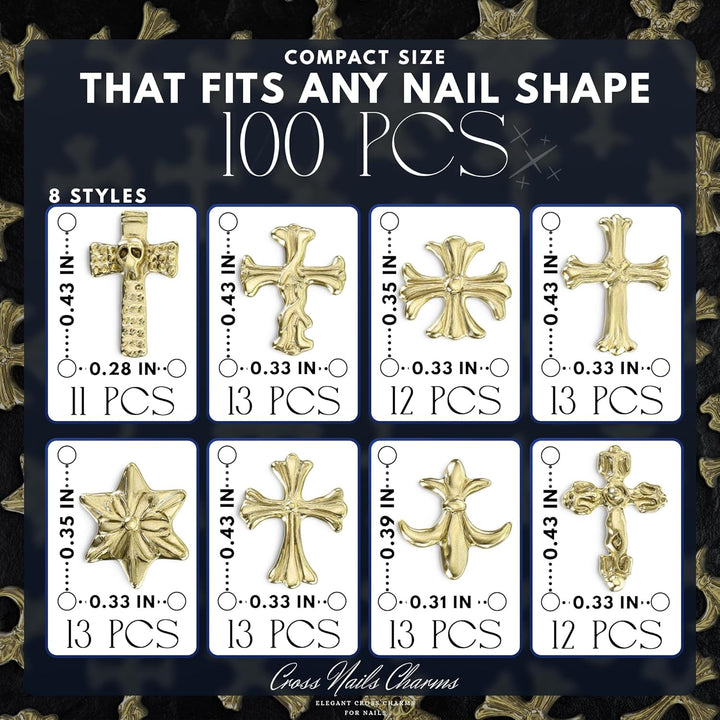 100 Pcs Gold Cross Nail Charms and Gems – 3D Gold Nail Charms Crosses, Made from Acrylic & Metal Alloy for Y2K DIY Designs – Durable and Easy-To-Apply Accessories for Creative Eye-Catching Manicures