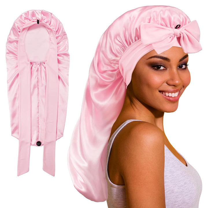 Long Bonnet Satin Hair Silk Bonnet for Sleeping Women, Silky Bonnets for Women with Tie Band, Sleep Cap for Braids Curly Hair