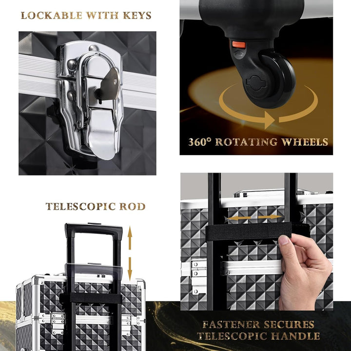 Rolling Makeup Case Cosmetology Case on Wheels 4 in 1 Large Cosmetic Organizer Train Case Makeup Travel Case with Key Swivel Wheels Nail Artist Salon Storage Traveling Cart Trunk Black