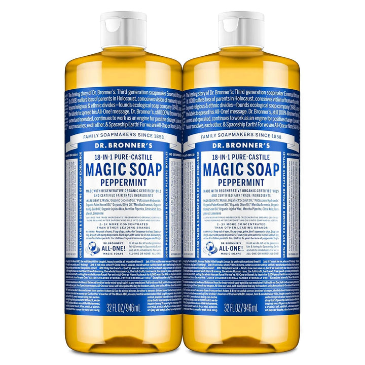 Pure-Castile Magic Liquid Soap - Made with Regenerative Organic Certified Oils- 18-In-1 Uses for Face, Body, Hand, Hair, Laundry & More- Vegan, Non-Gmo- Body Wash- Peppermint,32Oz