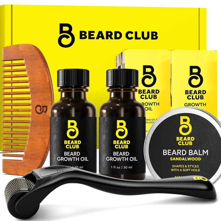 Enhanced Beard Growth Kit - Derma Roller, Beard Growth Oil (2PK), Sandalwood Beard Balm, Comb - Gift Set