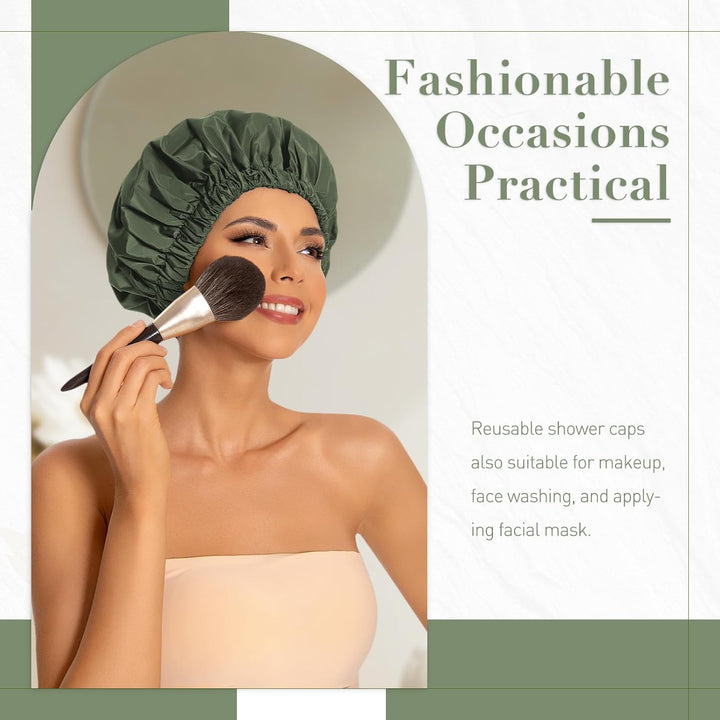 Reusable Shower Cap for Women, Large Waterproof Shower Bonnet Washable Elastic Band Bath Hair Hat for Long Hair, Braids(Green)