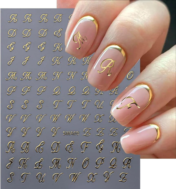 Letter Nail Stickers, 8 Sheets Old English Letter Nail Decals 3D Self-Adhesive Gold Silver Black White Retro English Pattern Old Alphabet Cursive Design Manicure Nail Accessories for Women Girls