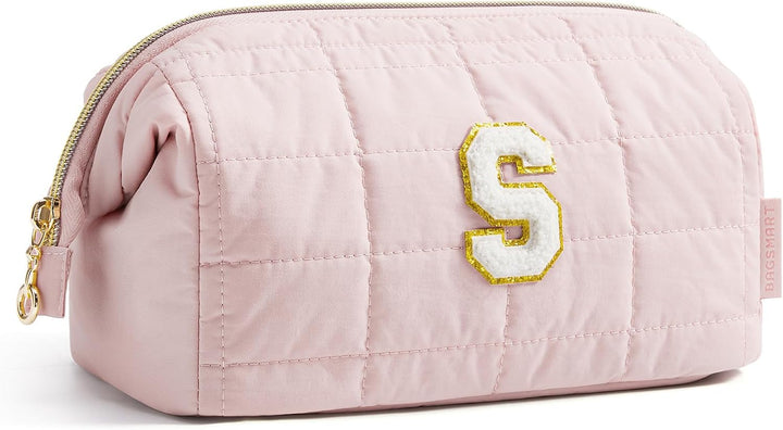 Makeup Bag Travel Toiletry Bag, Puffy Padded Make up Bags for Women Makeup Organizer Case, Wide-Open Pouch Purse Travel Essentials Toiletries Accessories Brushes, Pink