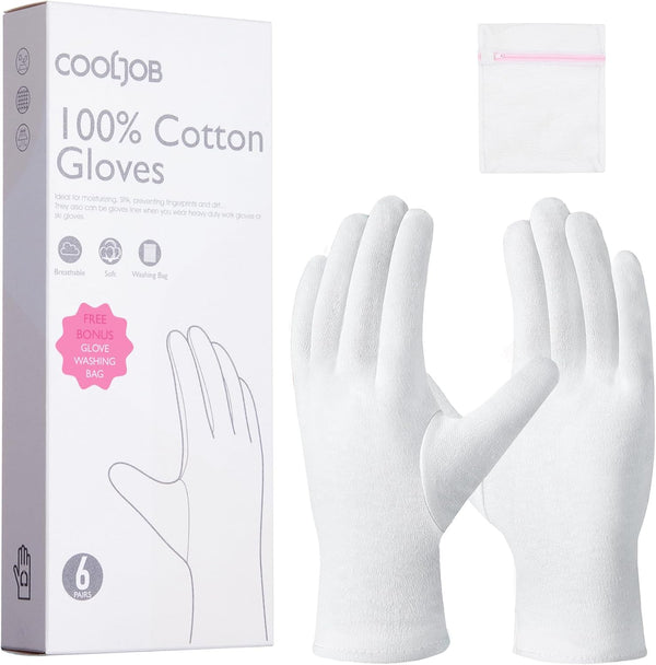 100% Cotton Gloves, 6 Pairs White Cotton Gloves for Dry Hands Moisturizing & Eczema, Overnight Lotion, Sleep & Spa Treatment for Women & Men, Breathable Work Glove Liners, Medium Size